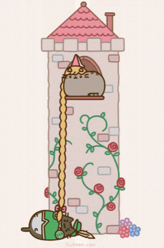 a cartoon drawing of a cat in a tower with flowers