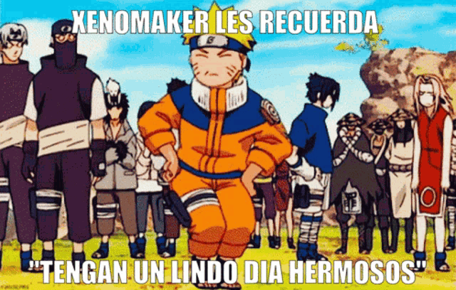 a cartoon of naruto dancing in front of a crowd with the caption xenomaker les recuerda