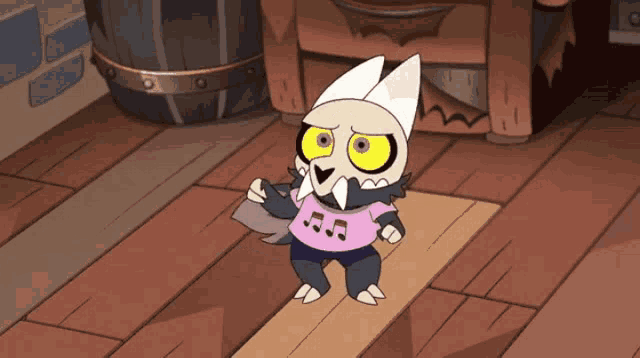 a cartoon character wearing a pink shirt with music notes