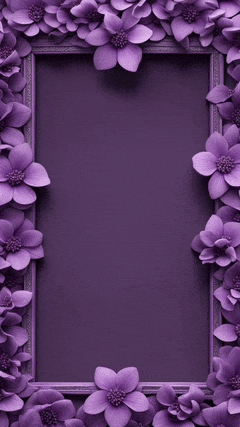 there is a picture frame surrounded by purple flowers .