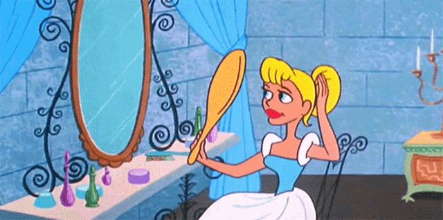 a cartoon of cinderella looking in a mirror