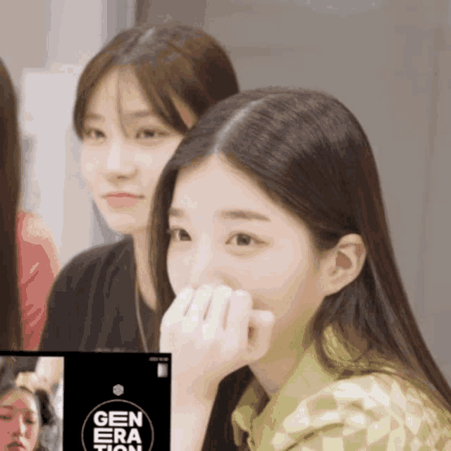 a girl covering her nose with her hand in front of a gen era tion sign