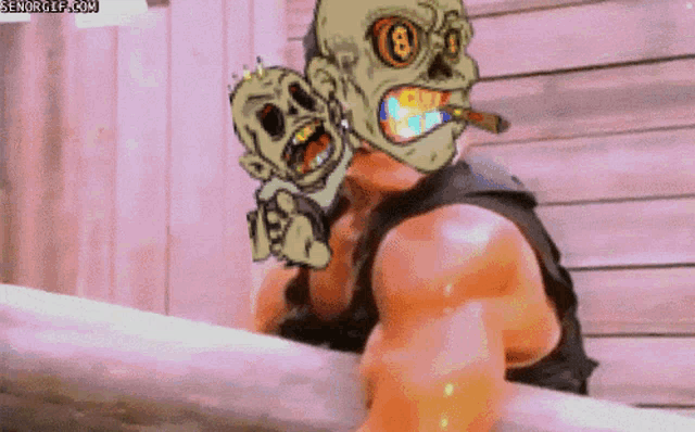 a cartoon drawing of a man with a skull on his face and the number 8 on his eyes