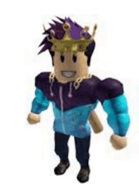 a roblox character with purple hair and a crown on his head is standing on a white background .