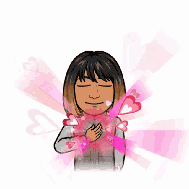 a cartoon of a woman with her hands on her chest and hearts coming out of her chest