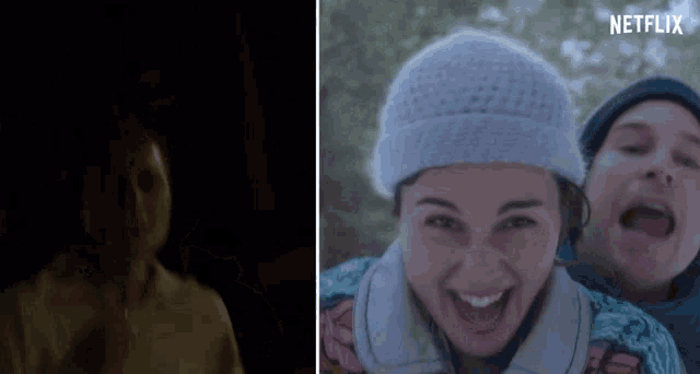 a man and a woman are laughing next to a netflix ad
