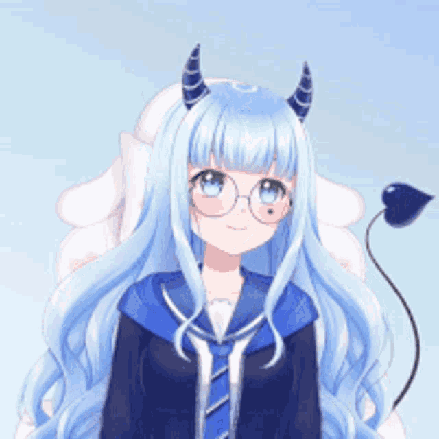a girl with long blue hair and horns is wearing glasses