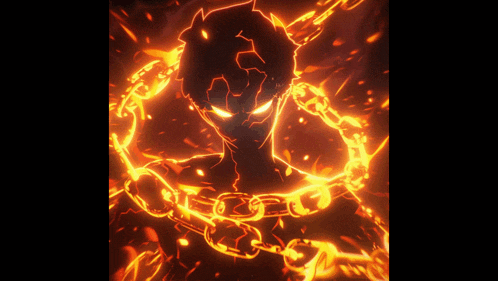 a cartoon character with chains around his neck and glowing eyes