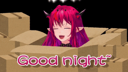 a girl with horns is in a cardboard box with the words good night written below her