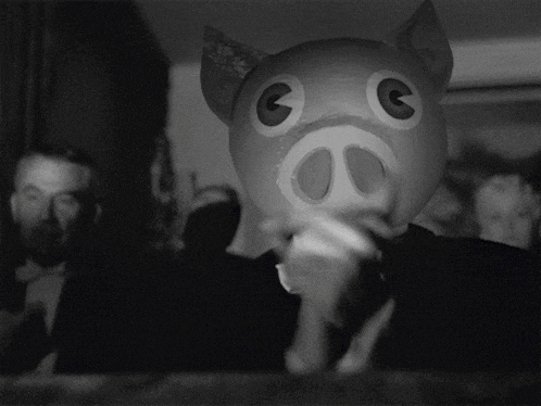 a man wearing a pig mask with the letter g on its eyes