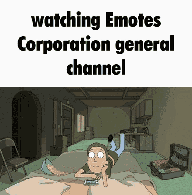 a cartoon of rick and morty laying on a bed watching emotes