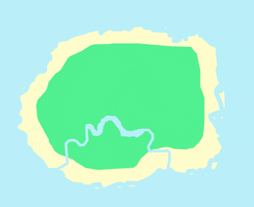 a green island with a river running through it