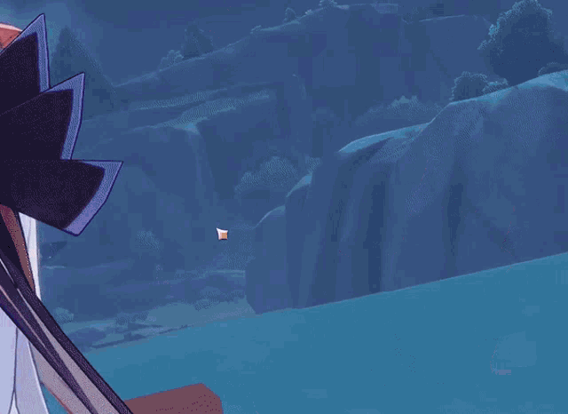 a cartoon character with a sword in her hand stands in front of a body of water