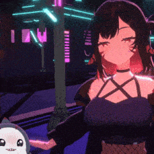 a cartoon girl with a pentagram on her chest stands next to a shark