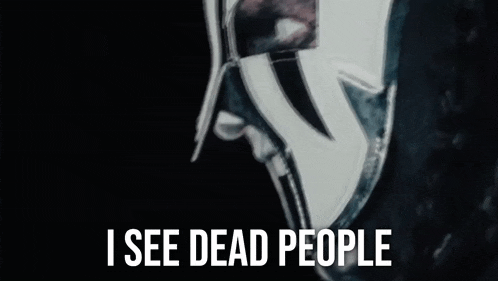 a man in a mask with the words i see dead people on the bottom