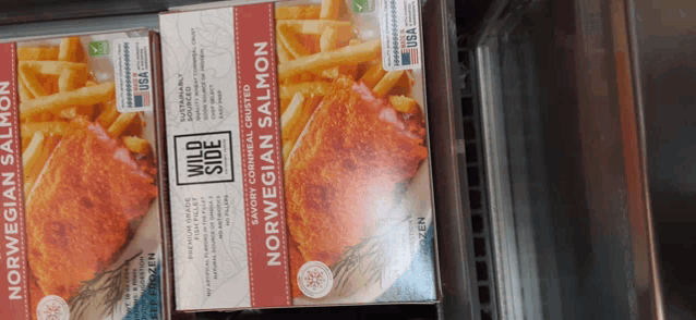 two boxes of wild side norwegian salmon sit in a fridge