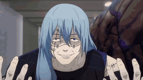 a cartoon character with blue hair has a tattoo on his face
