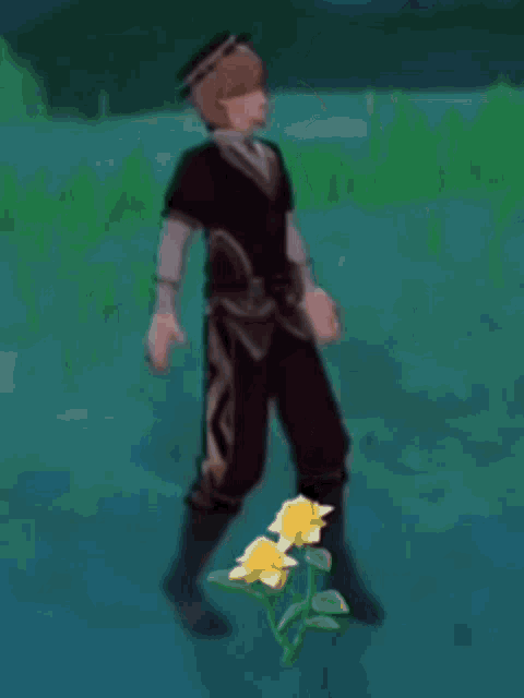 a man is standing next to a plant with two yellow flowers on it .