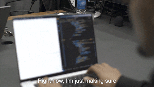 a person is typing on a laptop and the words right now i 'm just making sure are visible