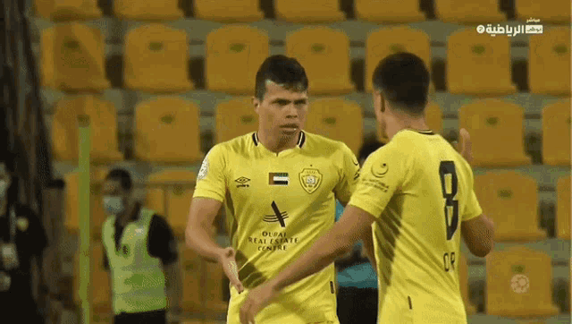 two soccer players wearing yellow jerseys with the number 8 on them