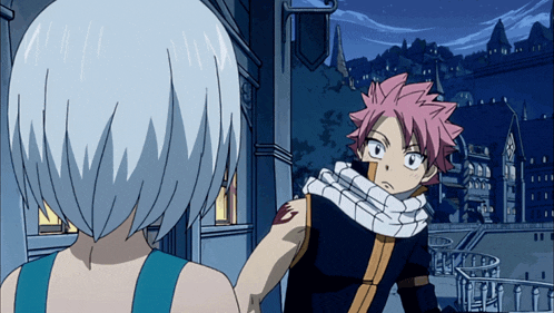 a girl with white hair is standing next to a boy with red hair