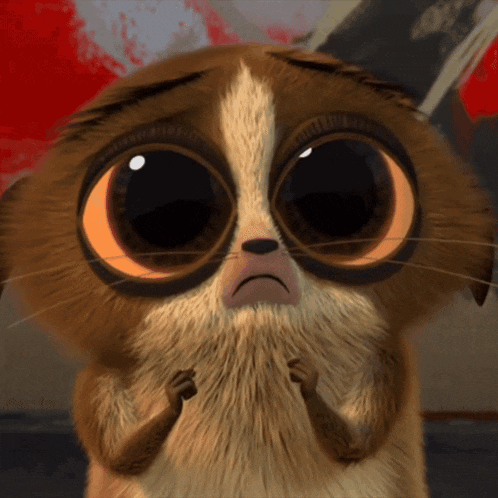 a close up of a cartoon animal with a sad look on its face