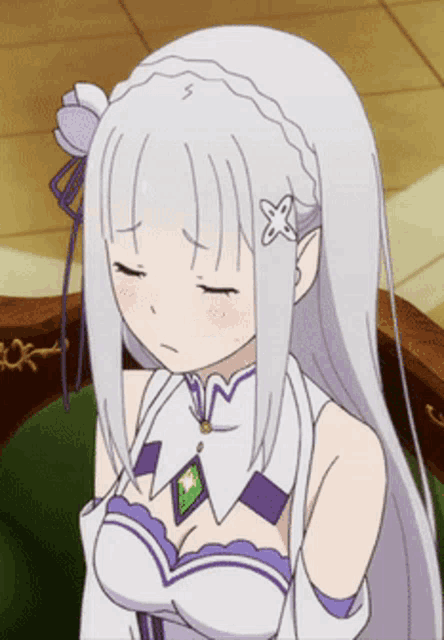 a girl with long white hair and a purple flower in her hair is sitting in a chair with her eyes closed