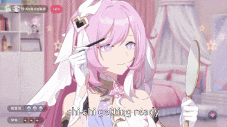 a girl with pink hair is looking at herself in the mirror
