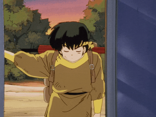 a cartoon character with a backpack stands in a doorway