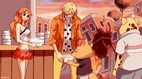 a man and a woman are standing next to each other in a cartoon scene from one piece
