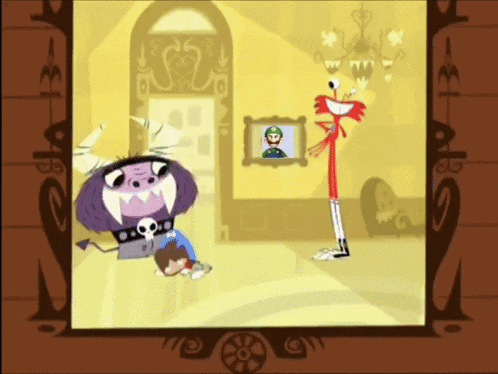 a cartoon drawing of a monster with a skull on its head
