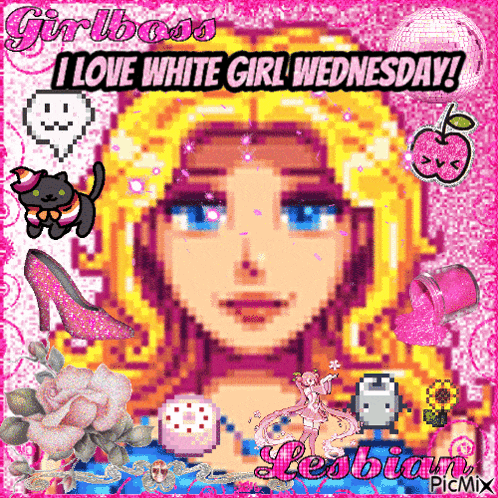a pixel art of a girl with the words " girlboss i love white girl wednesday "