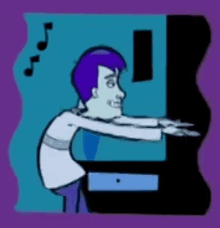 a cartoon of a man playing a piano with music notes in the background