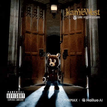 a teddy bear with a red tongue is walking through a dark doorway