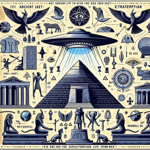 a poster with ancient egyptian symbols including a pyramid and a flying saucer