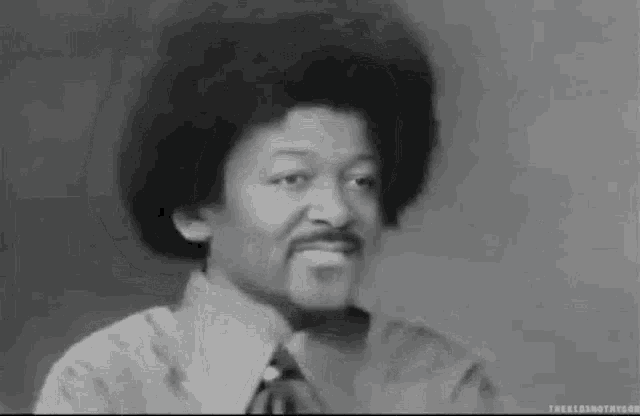 a black and white photo of a man with an afro and a beard .