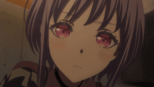 a close up of a girl 's face with purple hair and pink eyes