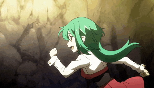 a girl with green hair and a white shirt is running