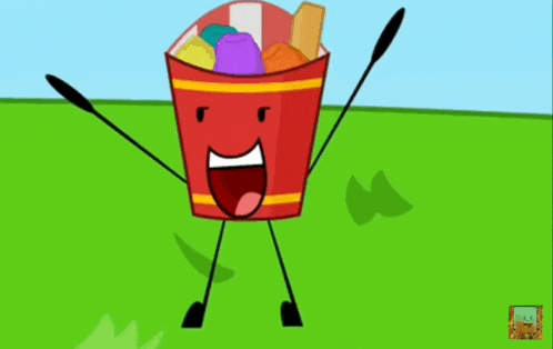 a cartoon character in a red bucket with arms and legs is standing in the grass .