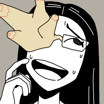 a black and white drawing of a girl with glasses covering her face with her hand