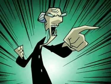 a cartoon drawing of a man with glasses pointing at something