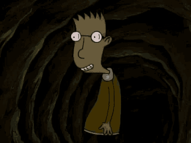 a cartoon character wearing glasses and a yellow shirt is smiling