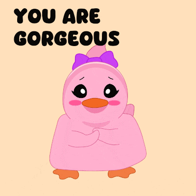a pink duck with a purple bow on its head and the words " you are gorgeous " below it