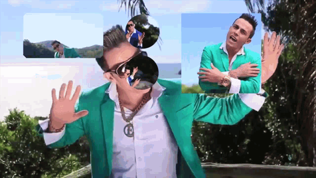 a man in a green jacket and white shirt has the number 18 on his necklace