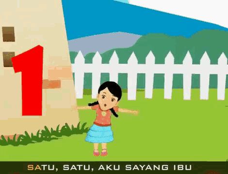 a cartoon girl is standing in front of a house with the number 1 on the wall