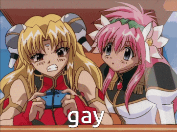 two anime girls are playing a video game and the word gay is on the screen