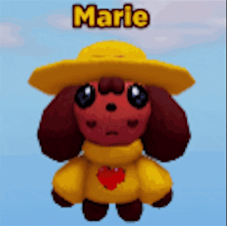a stuffed animal wearing a yellow hat and a yellow jacket with the name marie on it