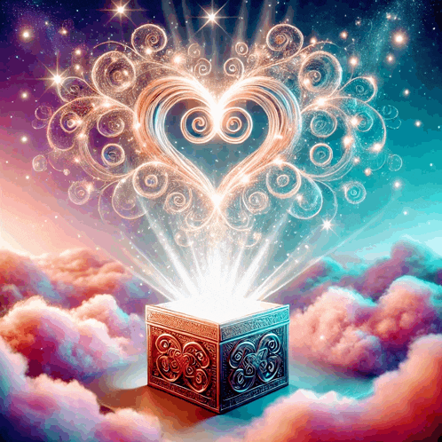a heart is coming out of a box in the sky