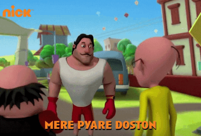 three cartoon characters are standing next to each other with the words mere pyare doston on the bottom