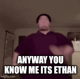 a man is dancing in a living room with the words `` anyway you know me its ethan '' written on the screen .